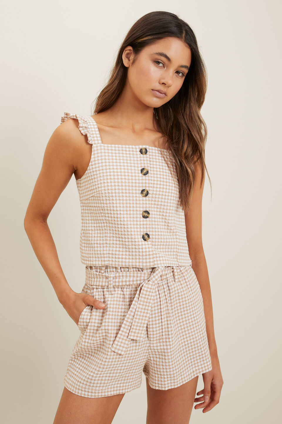 Button Frill Top  Sand