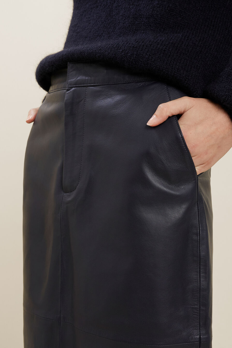 Leather Midi Skirt  Deep Navy