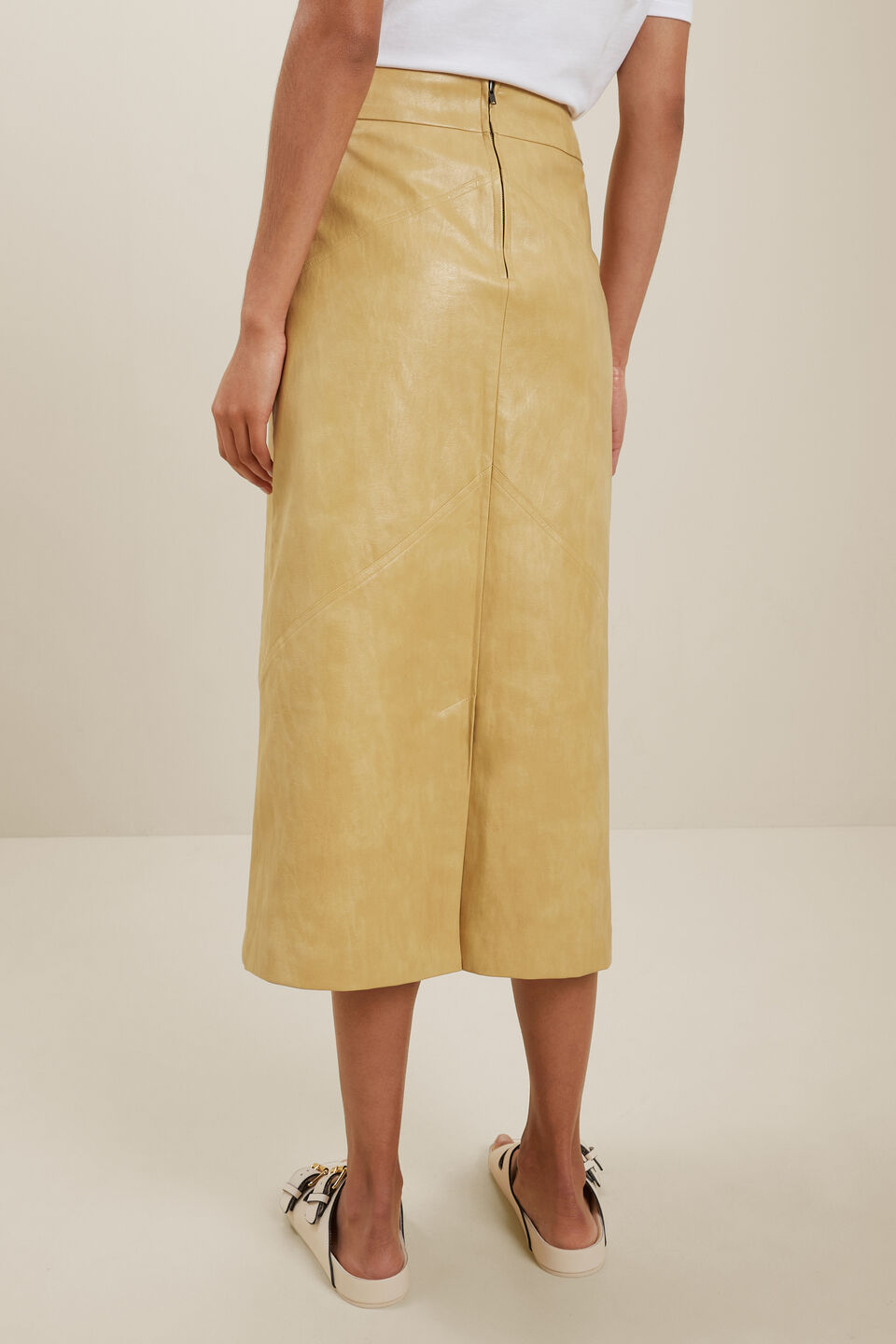 Vegan Leather Panel Midi Skirt  Fawn