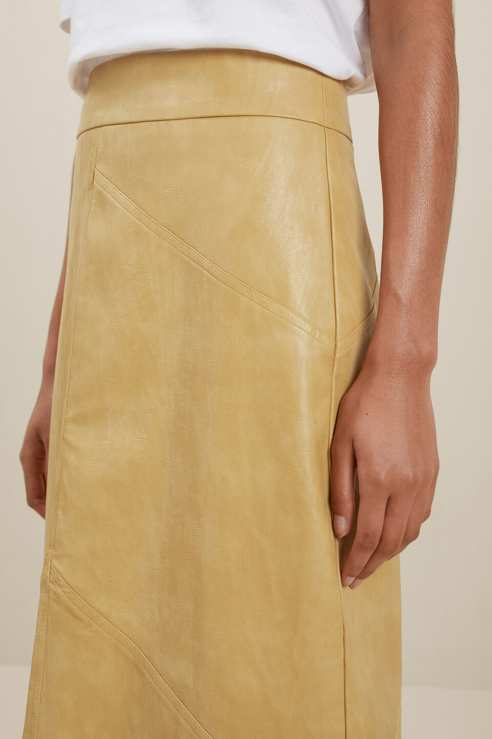 Vegan Leather Panel Midi Skirt  Fawn