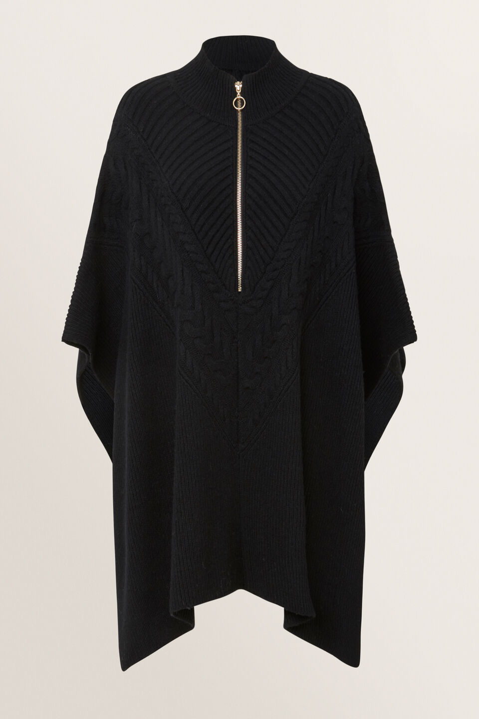 Zip Front Cable Poncho  Black