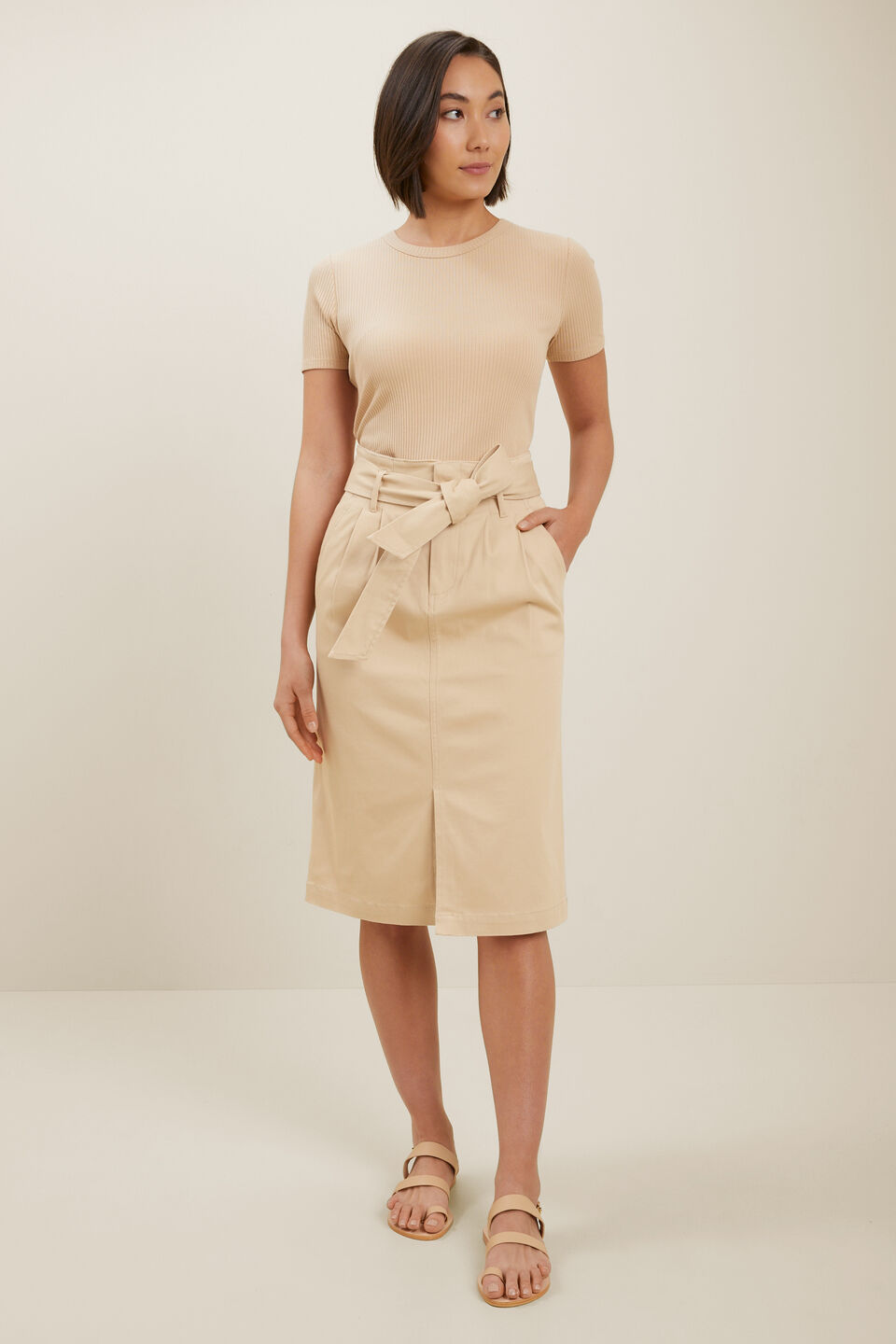 Cotton Belted Midi Skirt  Neutral Sand