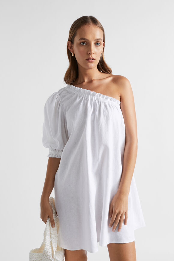 Linen One Shoulder Mini Dress  Whisper White  hi-res
