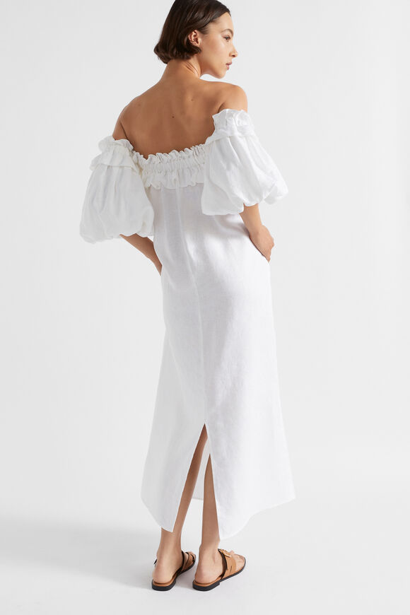 Linen Ruffle Off Shoulder Dress  Whisper White  hi-res