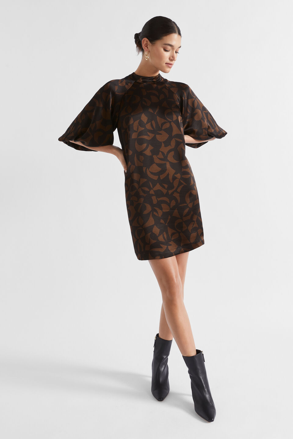Abstract Mock Neck Mini Dress  Hot Chocolate Abstract