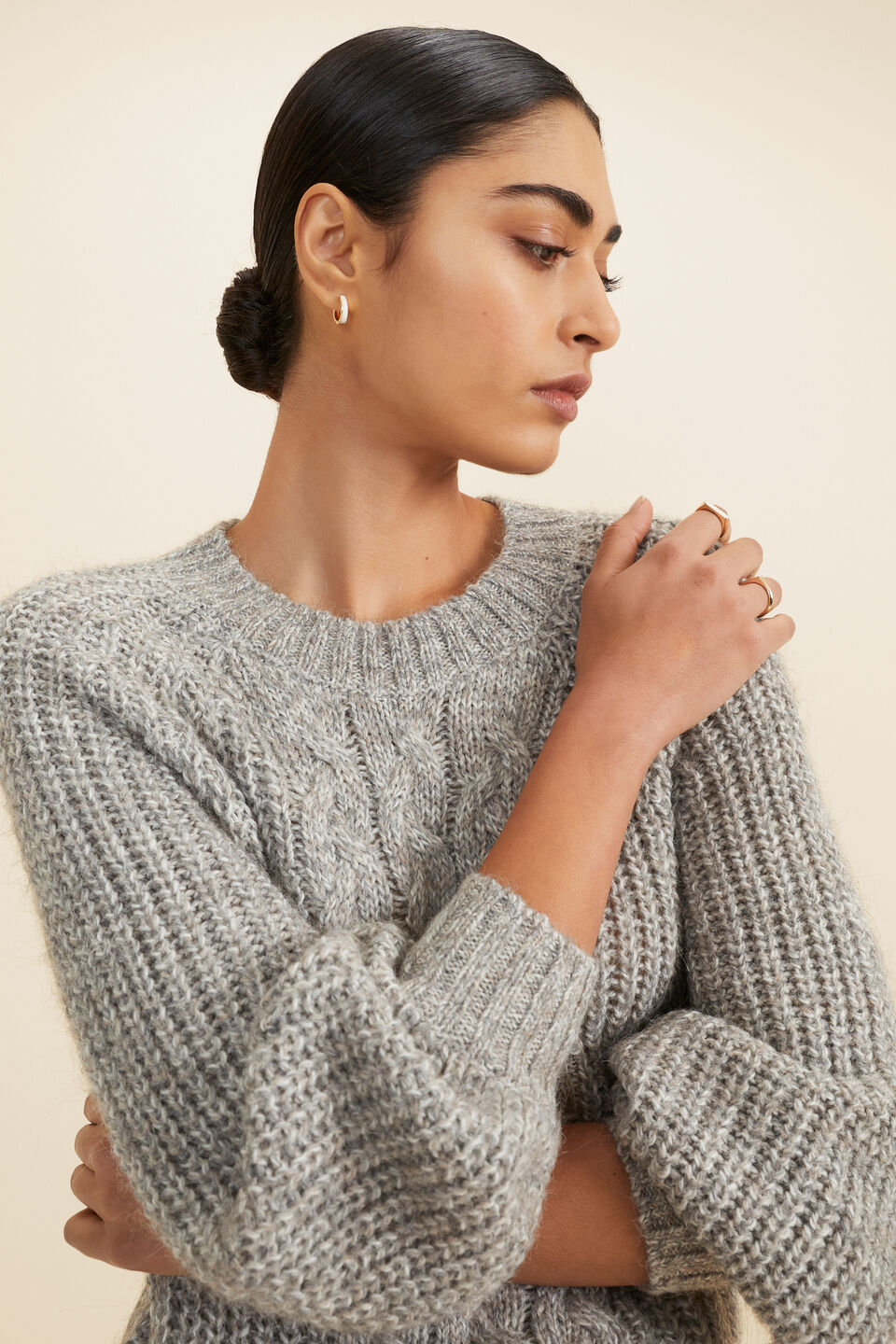 Cable Front Sweater  Pewter Marle