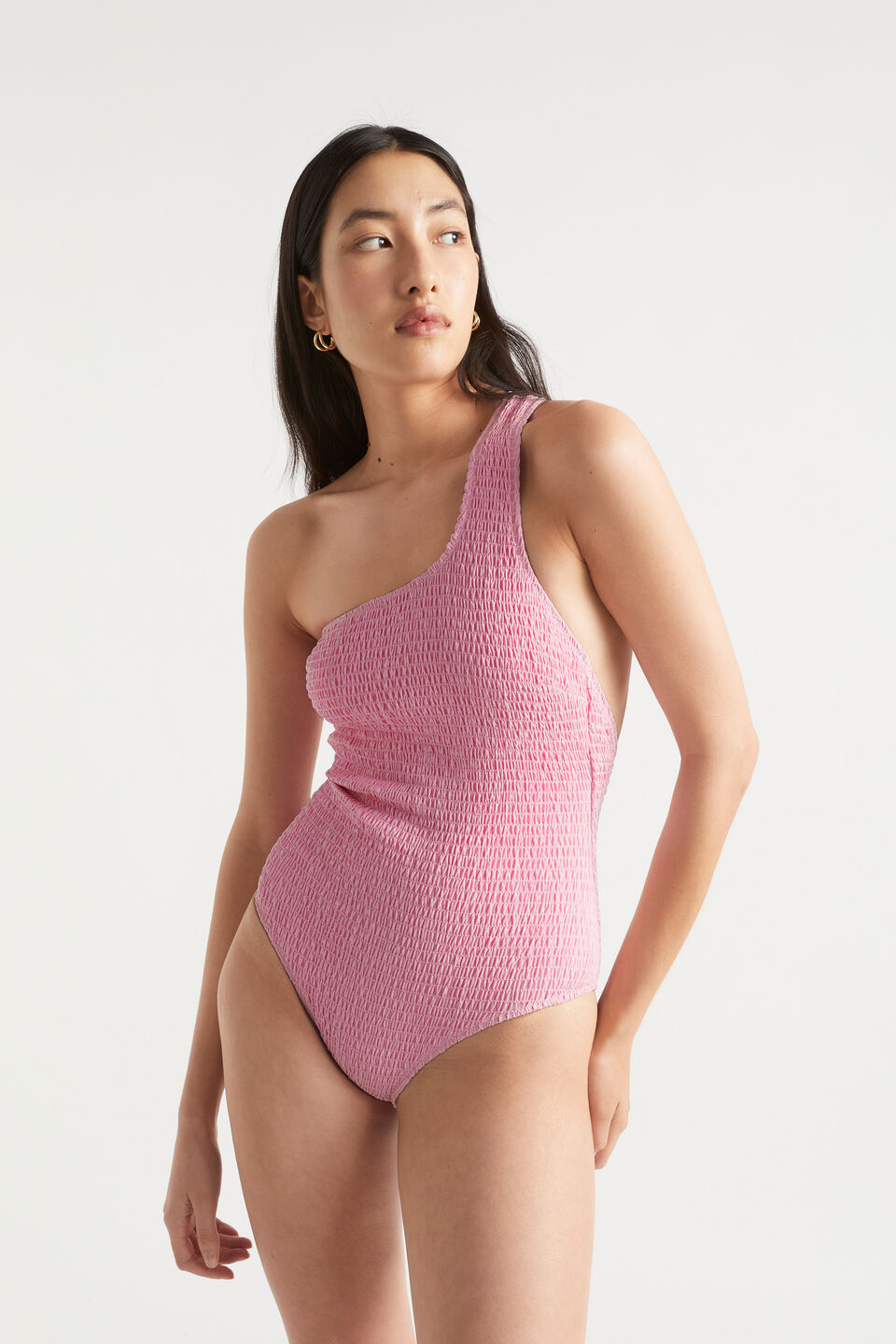 Shirred One Shoulder Swimsuit  Soft Orchid