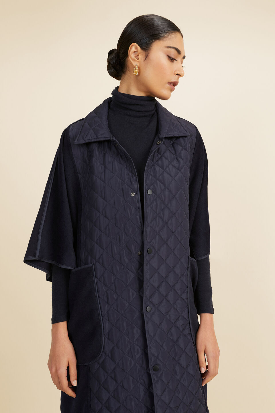 Quilted Wool Button Down Cape  Deep Navy