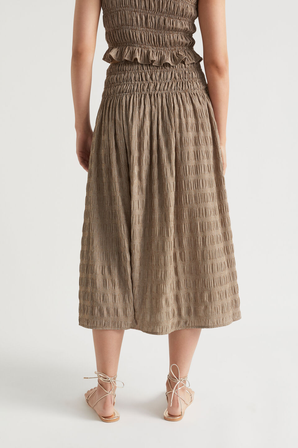 Textured Gingham Midi Skirt  Pecan Brown Gingham