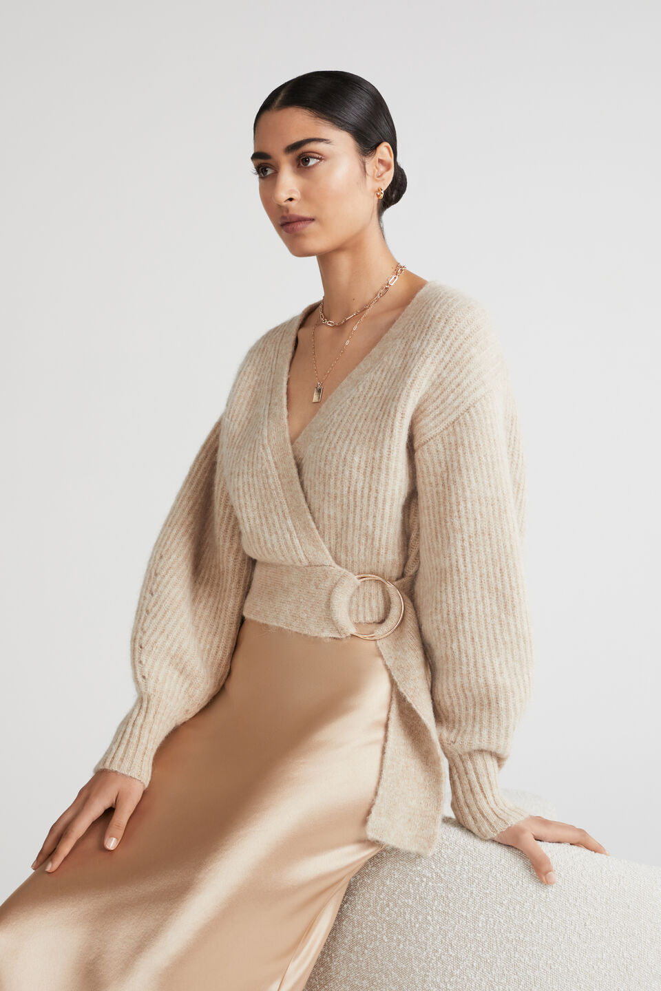 Wrap Front Sweater  Pebble Cream Marle