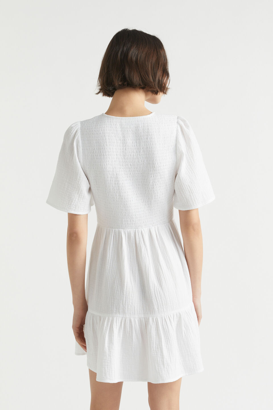 Cheesecloth Shirred Mini Dress  Whisper White