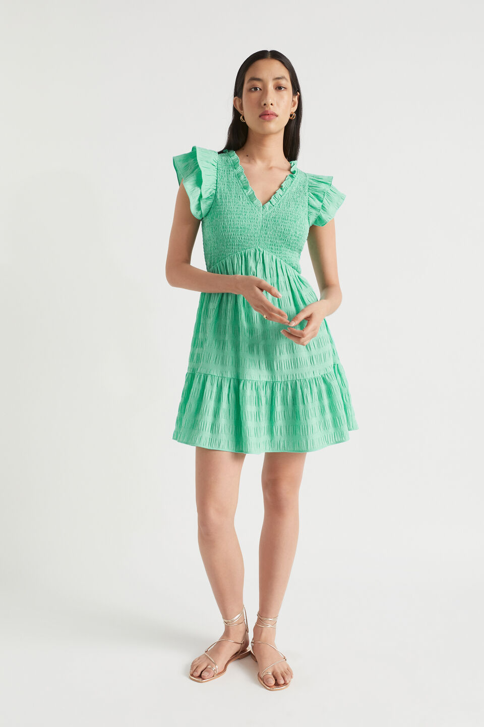 Textured Gingham Mini Dress  Jade Green Gingham
