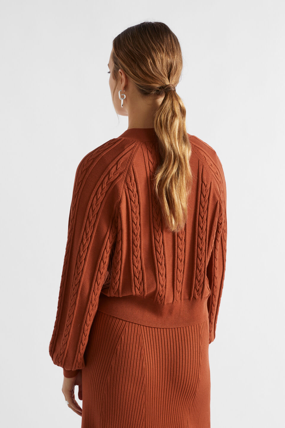 Relaxed Cable Cardigan  Burnt Brick