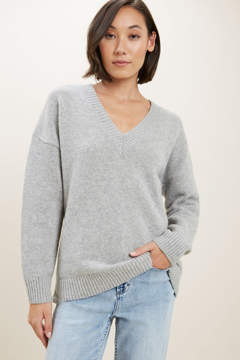 V Neck Wool Sweater  Cool Grey Marle