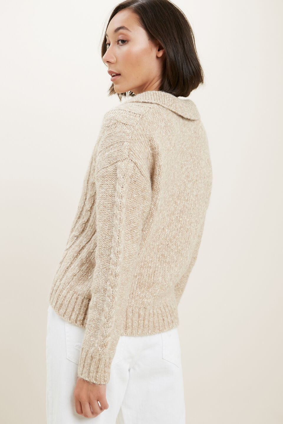 Cable Knit Polo Sweater  Champagne Beige Marle