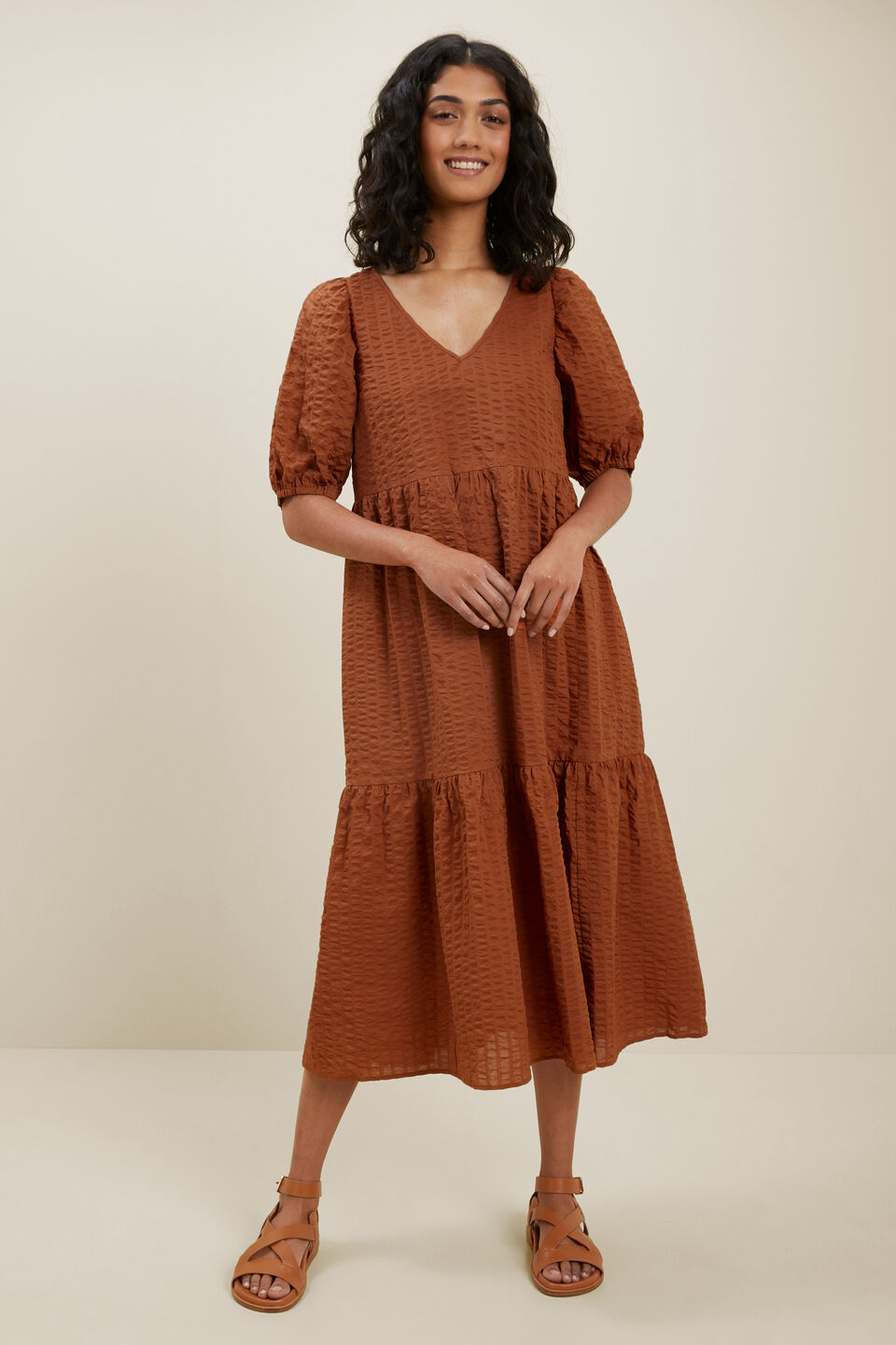 Textured Tiered Dress  Earth Red
