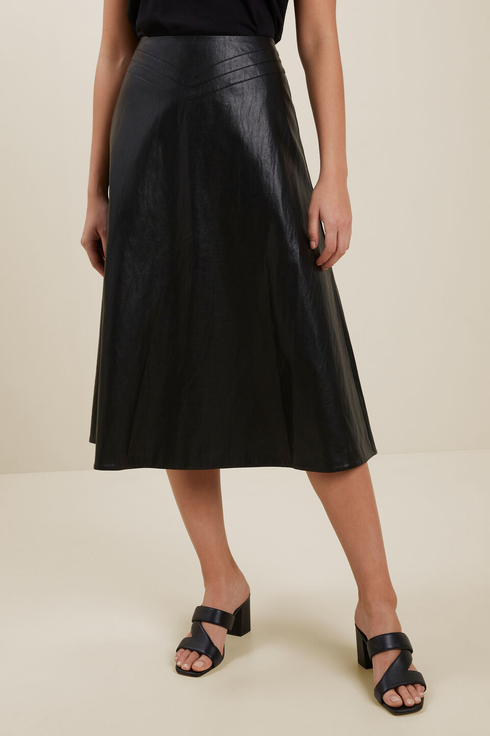 Vegan Leather Flared Midi Skirt  Black