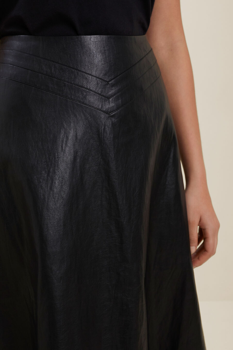 Vegan Leather Flared Midi Skirt  Black