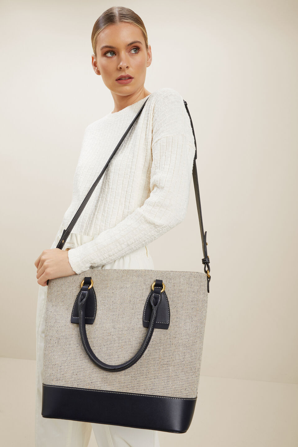 Textured Fabric Tote  Deep Navy