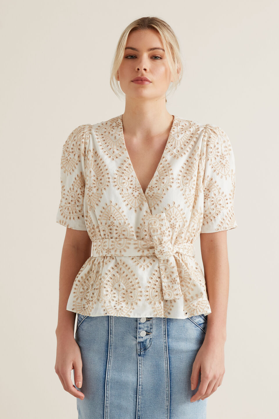 Two Tone Broderie Wrap Top  