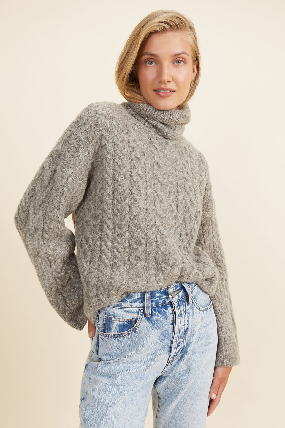 Chunky Roll Neck Sweater  Pewter Marle
