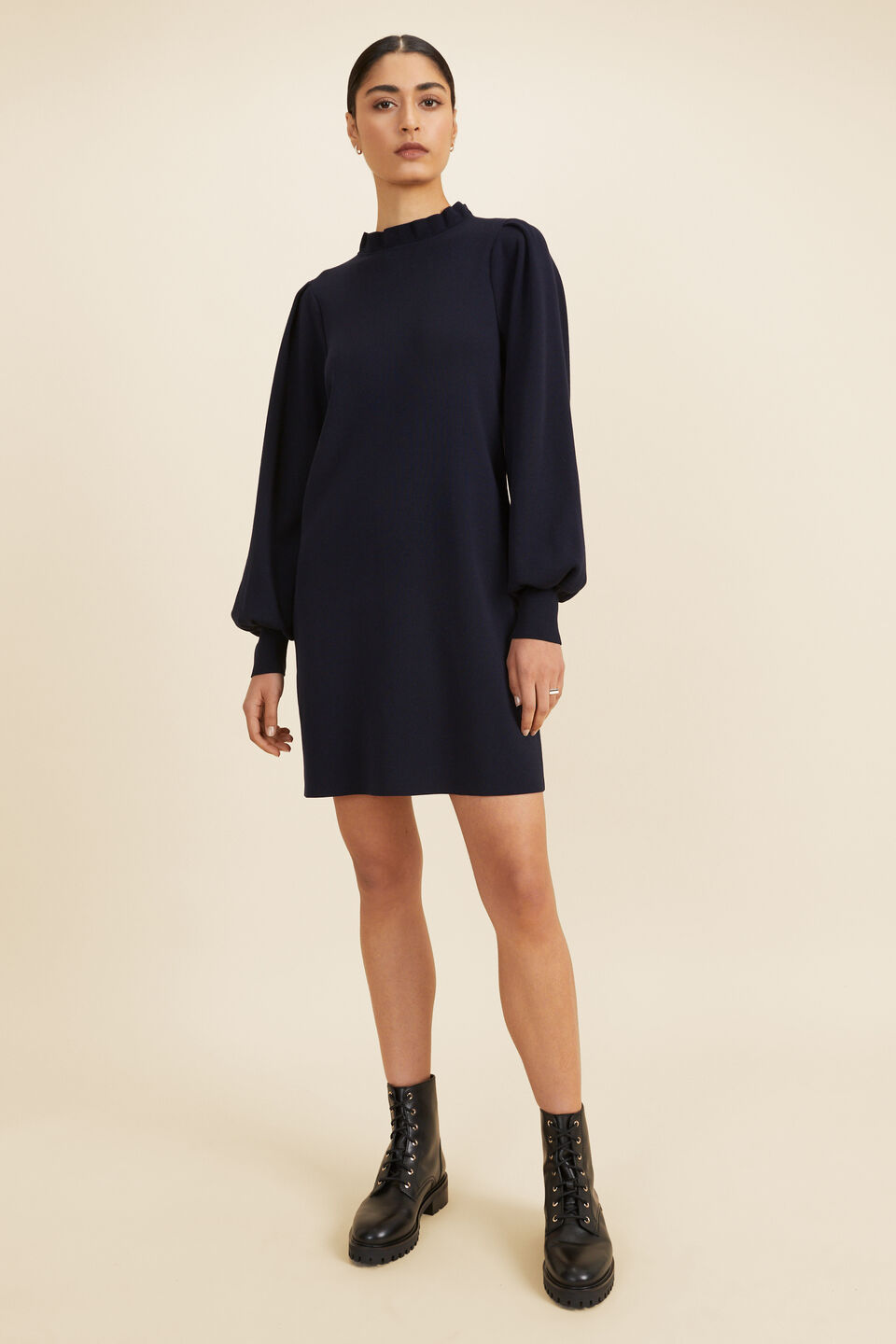 Crepe Frill Neck Mini Dress  Deep Navy