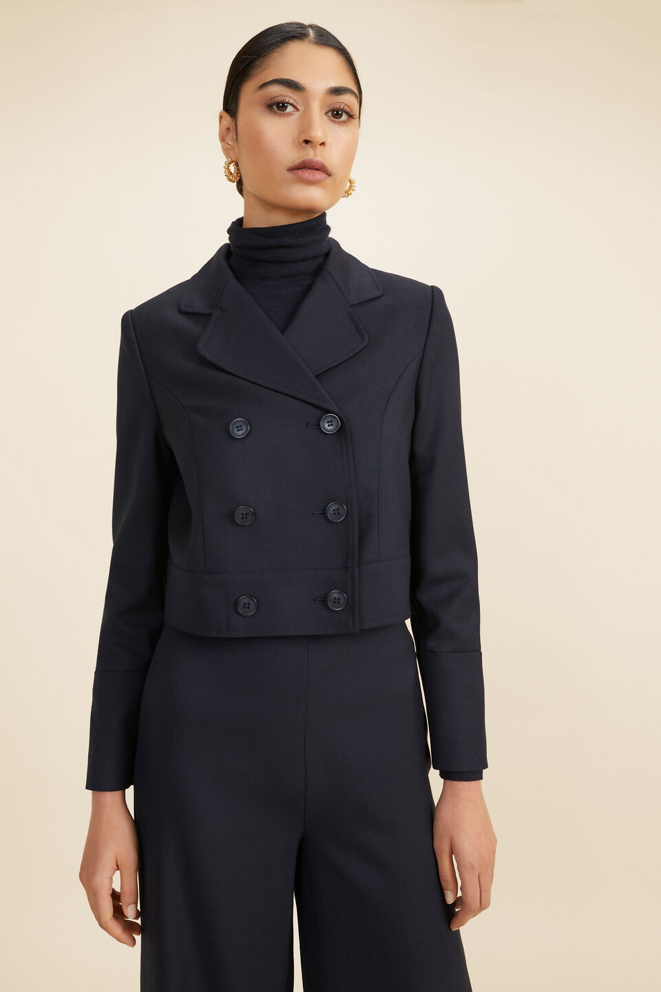 Wool Blend Cropped Suiting Jacket  Deep Navy