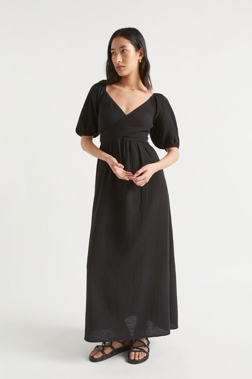 Cheesecloth Cross Front Maxi Dress  Black