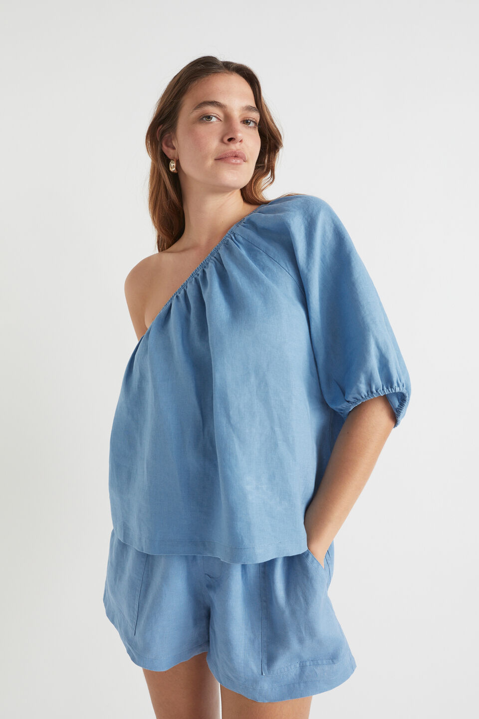 Linen One Shoulder Top  Soft Cobalt