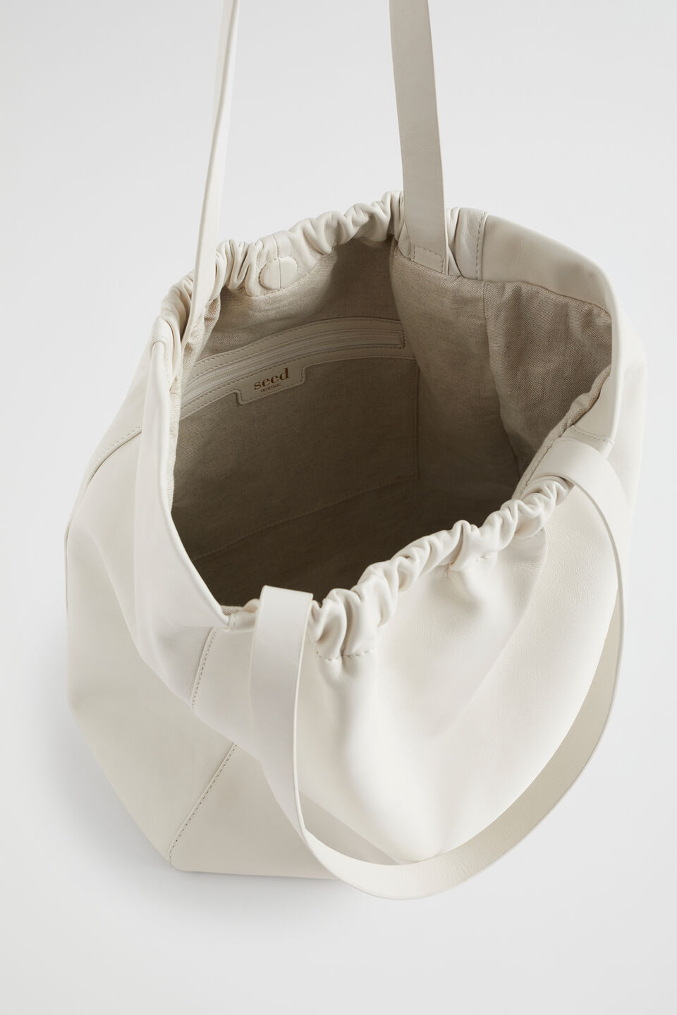 Rouched Leather Tote  Bone