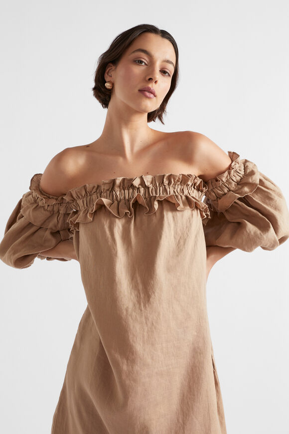 Linen Ruffle Off Shoulder Dress  Barley  hi-res