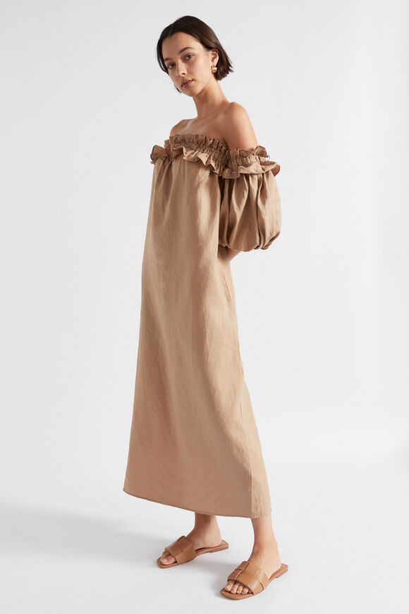 Linen Ruffle Off Shoulder Dress  Barley  hi-res