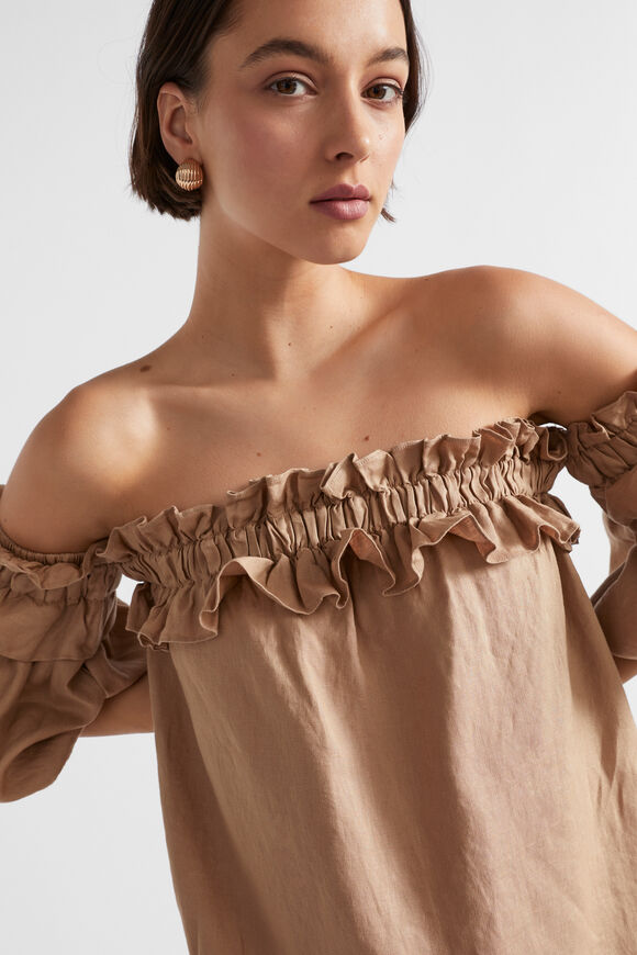 Linen Ruffle Off Shoulder Dress  Barley  hi-res