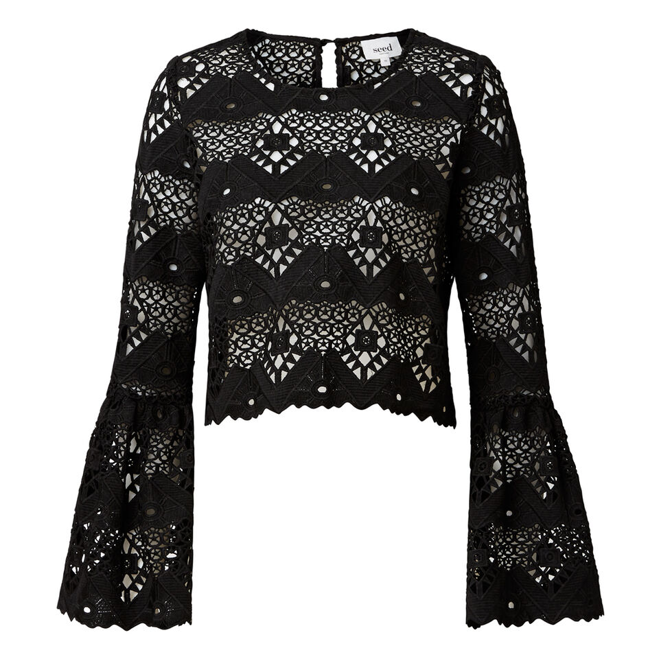 Lace Crop Bell Sleeve Top  