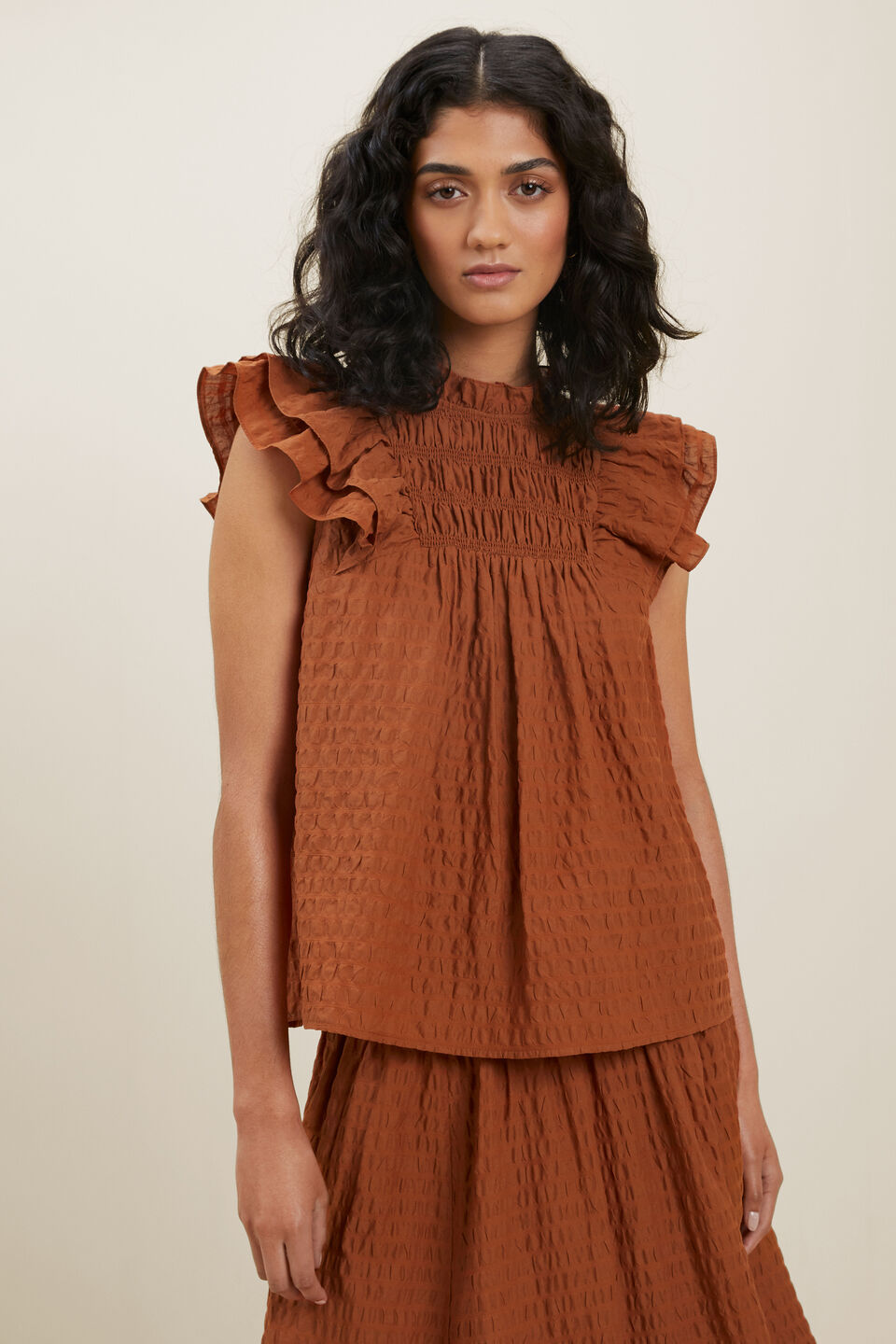 Textured Frill Sleeve Top  Earth Red