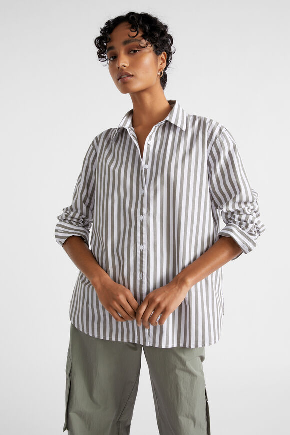 Poplin Button Down Shirt  Smokey Olive Stripe  hi-res