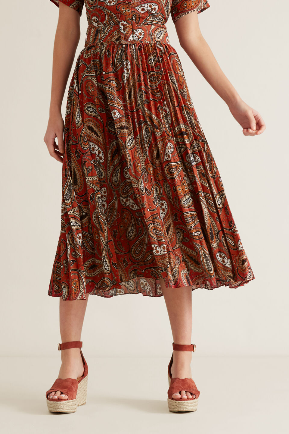 Oct Paisley Pleat Skirt  Red Velvet Paisley