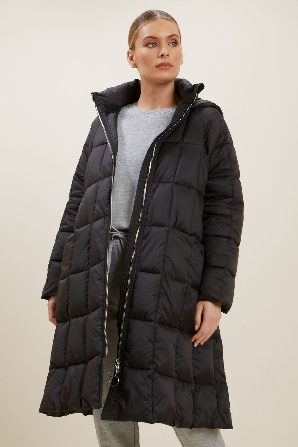 Quilted A-Line Puffer Jacket  Black