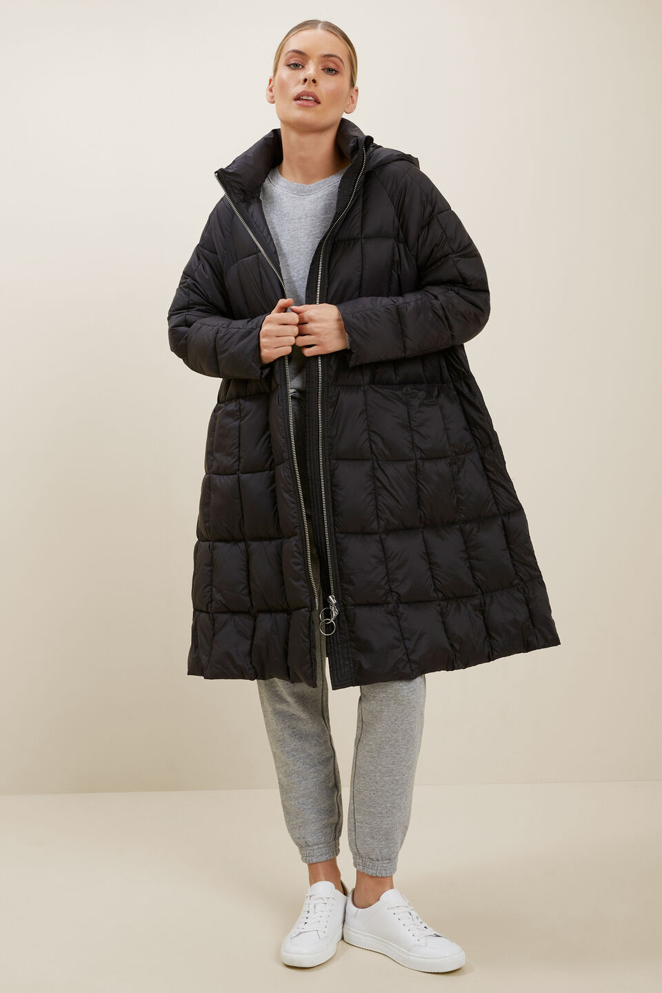 Quilted A-Line Puffer Jacket  Black