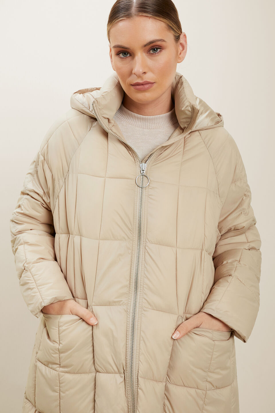 Quilted A-Line Puffer Jacket  Neutral Blush