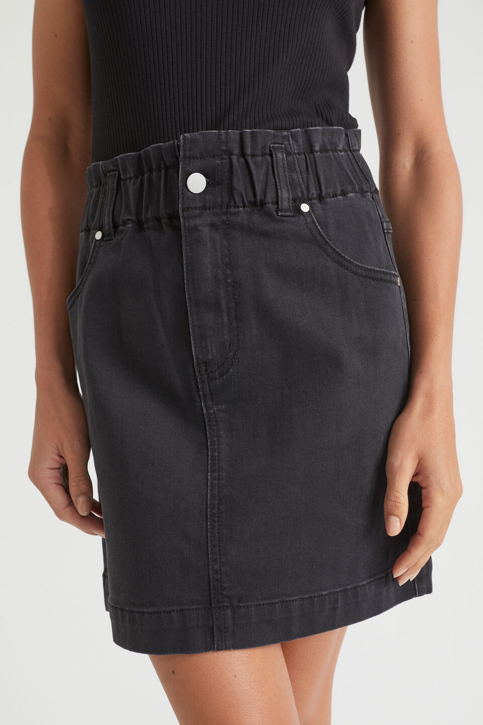 Core Denim Paperbag Mini Skirt  Washed Black