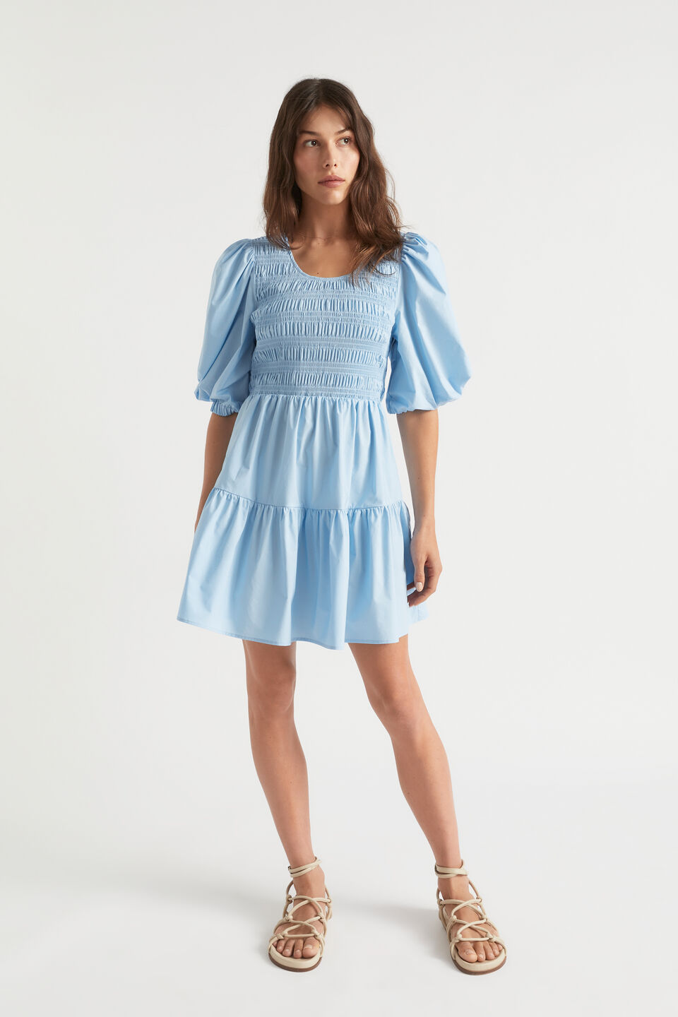 Poplin Shirred Mini Dress  Bluebell