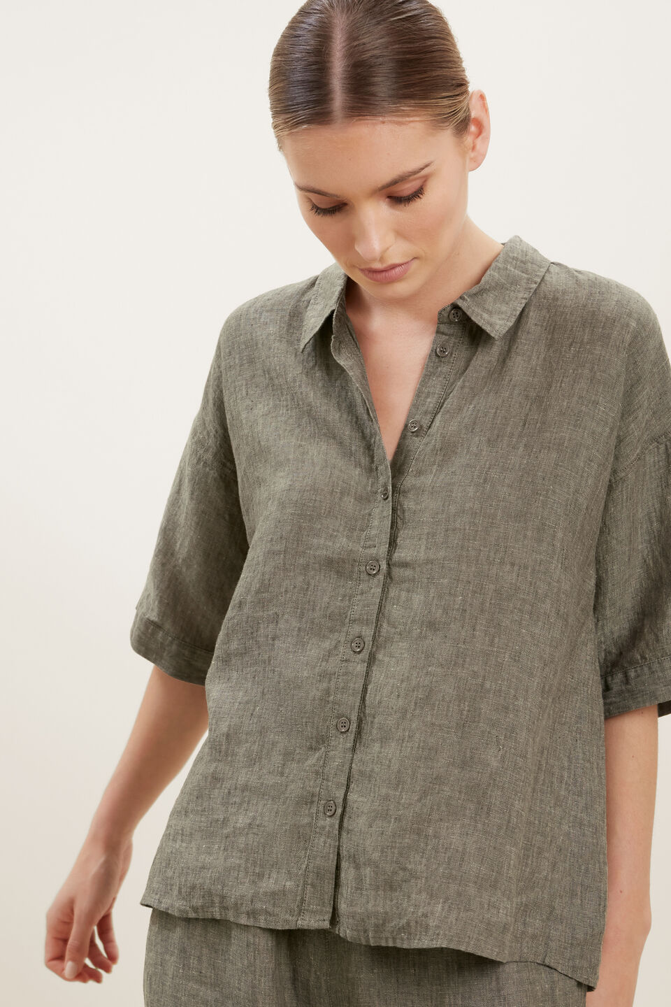 Short Sleeve Linen Shirt  Olive Khaki
