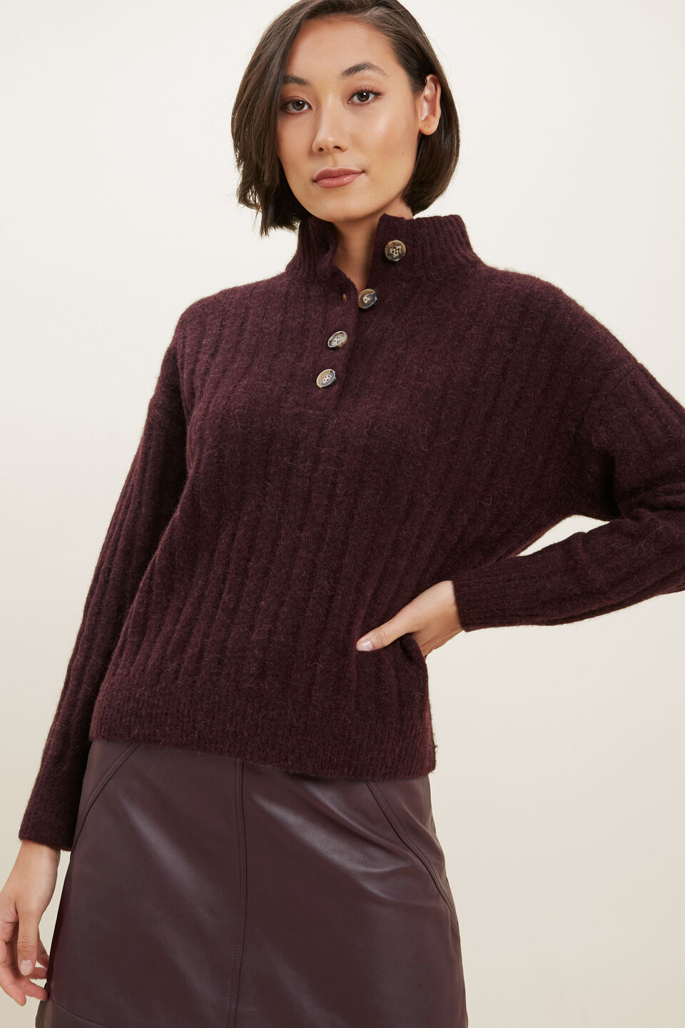 Rib Collared Sweater  Ruby Plum