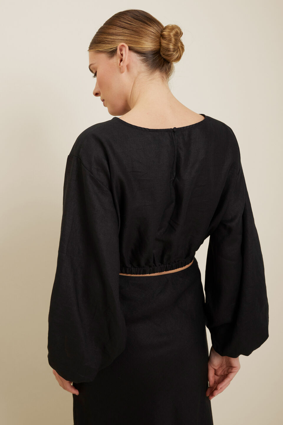 Linen Blouson Sleeve Crop Top  Black