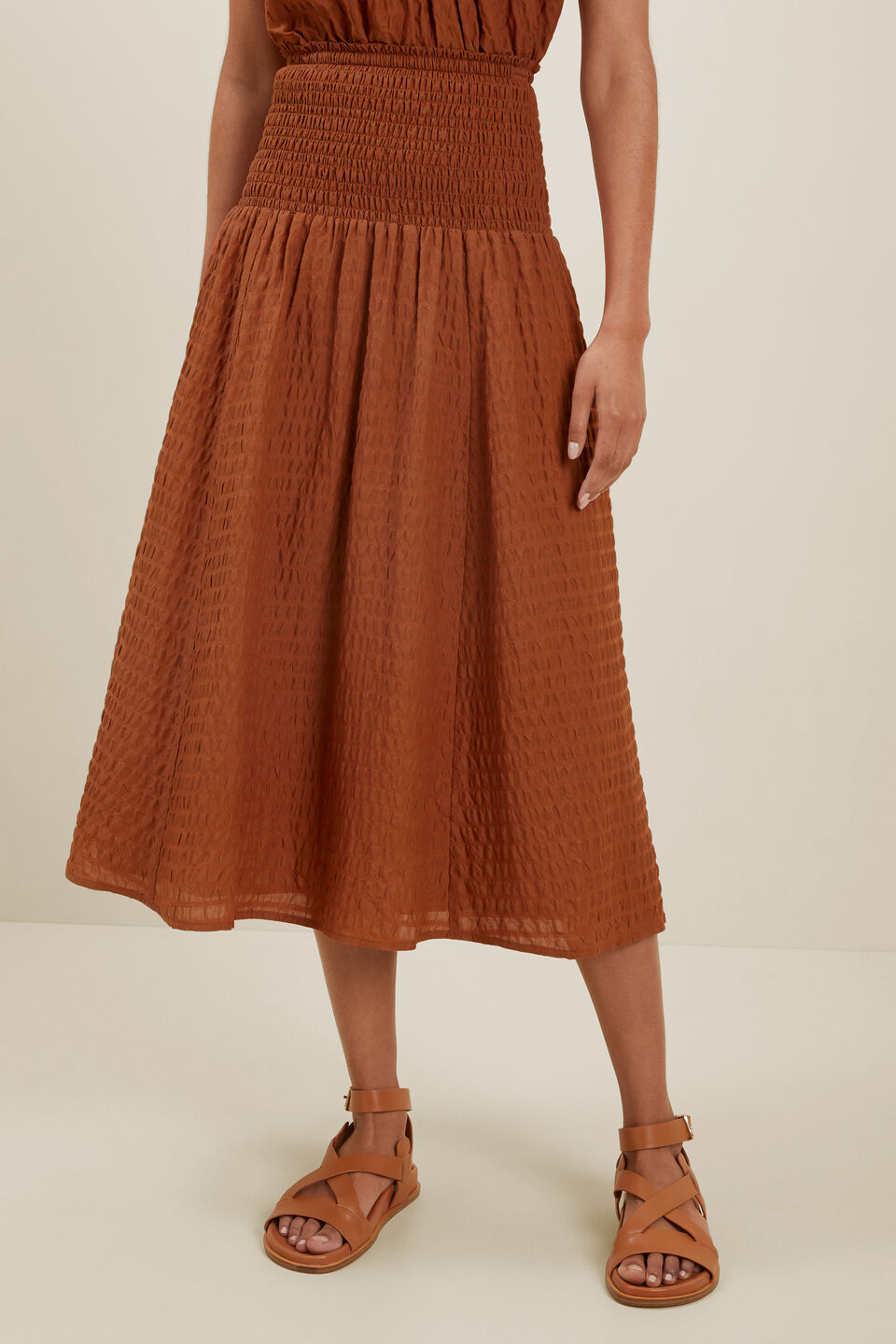 Textured Shirred Skirt  Earth Red