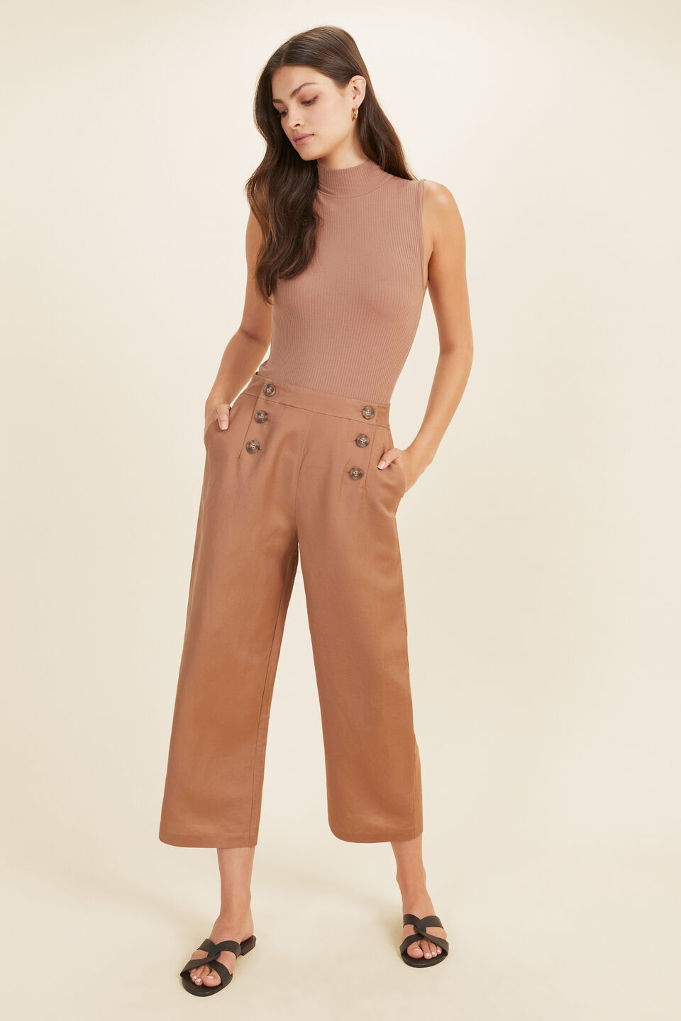 Button Front Crop Pant  Acorn Brown