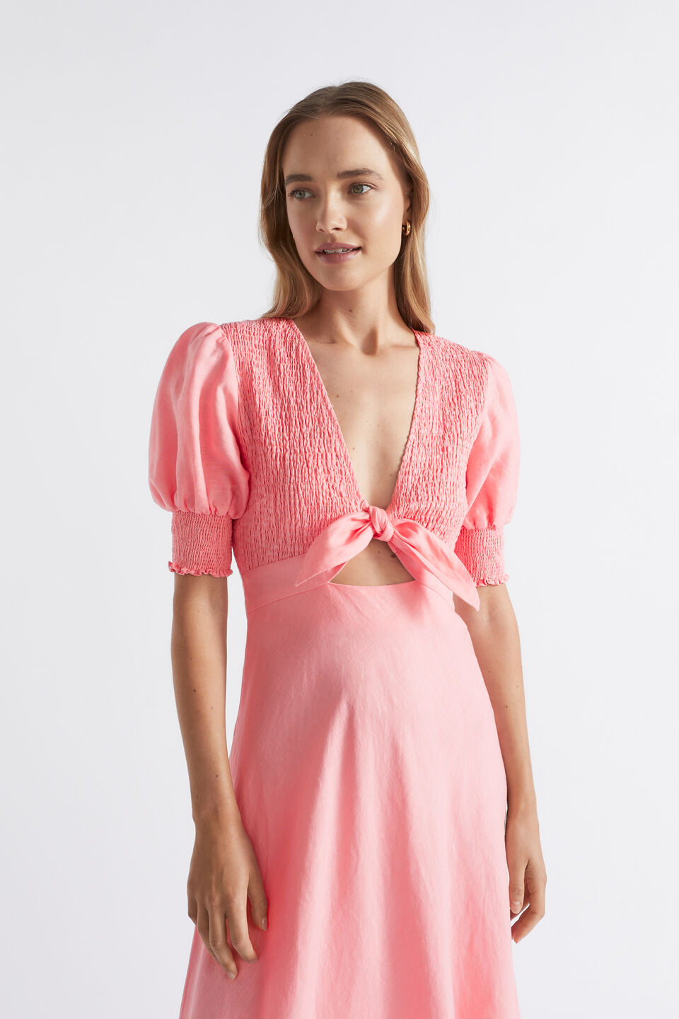 Linen Shirred Tie Front Midi Dress  Pale Peony