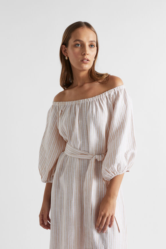 Linen Gathered Maxi Dress  Soft Wheat Stripe  hi-res