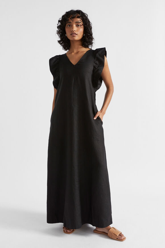 Linen Frill Sleeve Column Dress  Black  hi-res